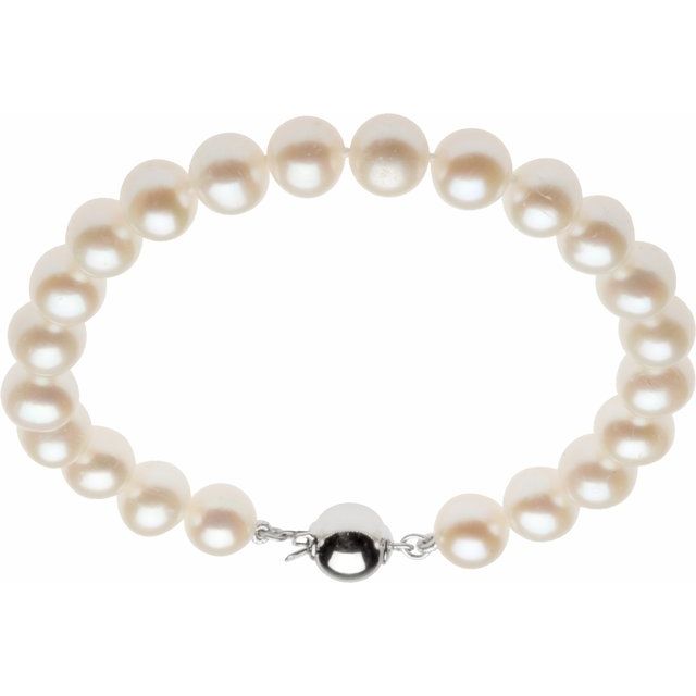 Sterling Silver 8-9 mm Cultured White Freshwater Pearl 7 3/4" Bracelet