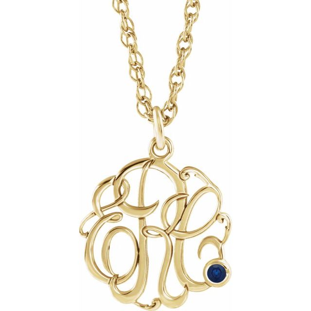 10K Imitation Blue Sapphire Script Monogram Necklace with 2 or 3 Initials in Various Sizes