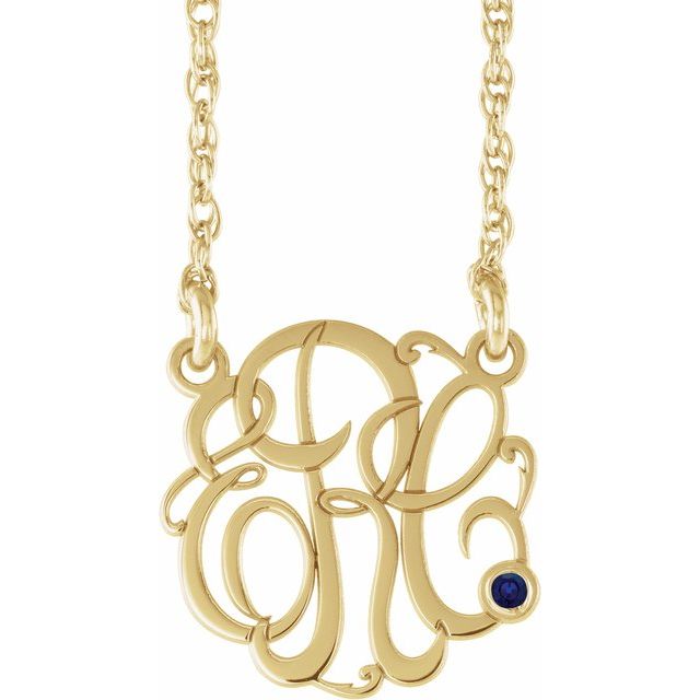 10K Imitation Blue Sapphire Script Monogram Necklace with 2 or 3 Initials in Various Sizes
