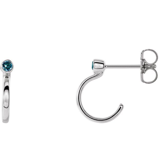 14K White 3 mm Natural Aquamarine Huggie J-Hoop Earring