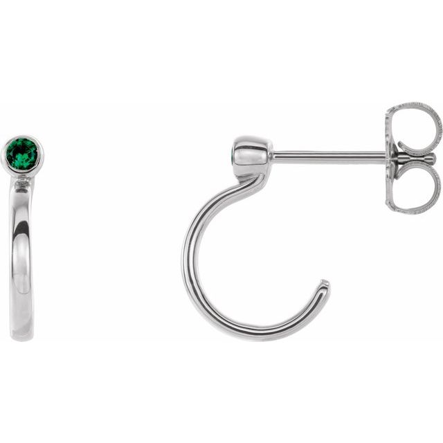 14K White 2.5 mm Lab-Grown Emerald Huggie J-Hoop Earring