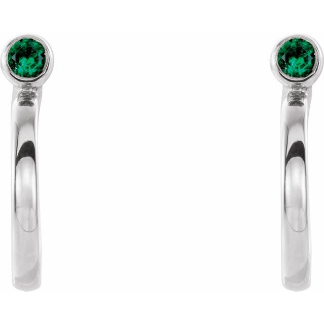 14K White 2.5 mm Lab-Grown Emerald Huggie J-Hoop Earring