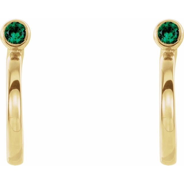 14K Yellow 3 mm Lab-Grown Emerald Huggie J-Hoop Earring
