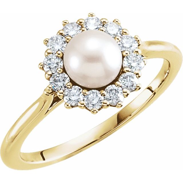14K Yellow Cultured White Freshwater Pearl & 3/8 CTW Natural Diamond Ring