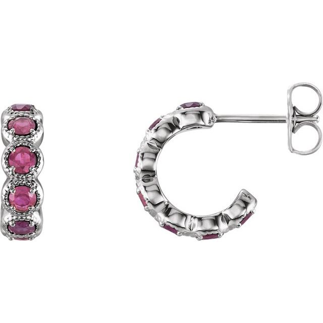 14K White Natural Pink Tourmaline Hoop Earrings