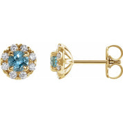 14K Yellow 6 mm Natural Aquamarine & 1/3 CTW Natural Diamond Halo-Style Earrings