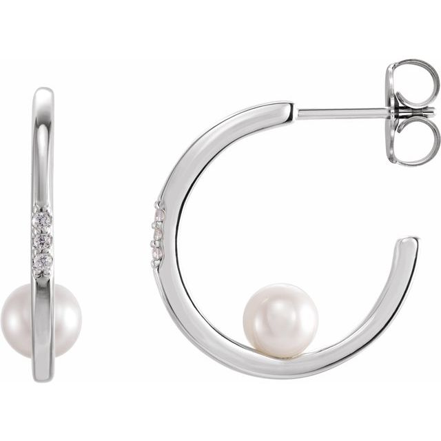 Platinum Cultured White Freshwater Pearl & .025 CTW Natural Diamond Hoop Earrings - 87032