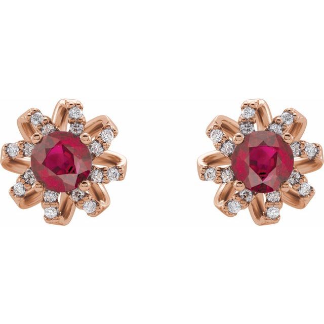 14K Rose Lab-Grown Ruby & 1/6 CTW Natural Diamond Halo-Style Earrings