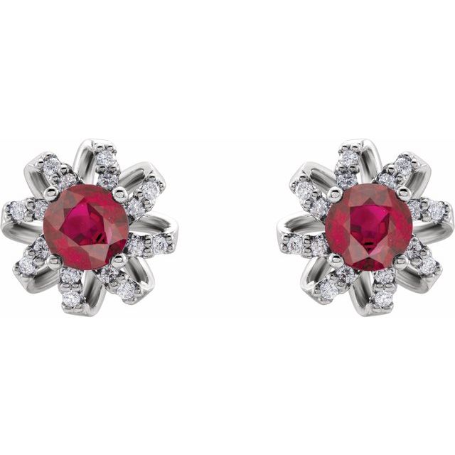 14K White Lab-Grown Ruby & 1/6 CTW Natural Diamond Halo-Style Earrings