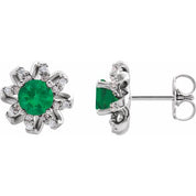 Sterling Silver Lab-Grown Emerald & 1/6 CTW Natural Diamond Halo-Style Earrings