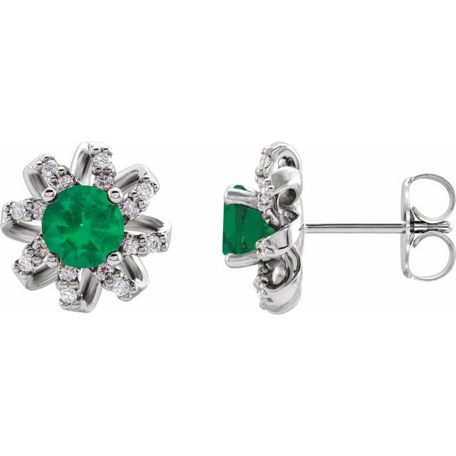 Sterling Silver Lab-Grown Emerald & 1/6 CTW Natural Diamond Halo-Style Earrings