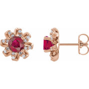 14K Rose Lab-Grown Ruby & 1/6 CTW Natural Diamond Halo-Style Earrings