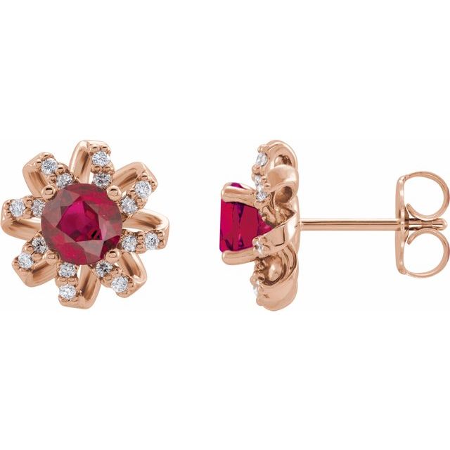 14K Rose Lab-Grown Ruby & 1/6 CTW Natural Diamond Halo-Style Earrings