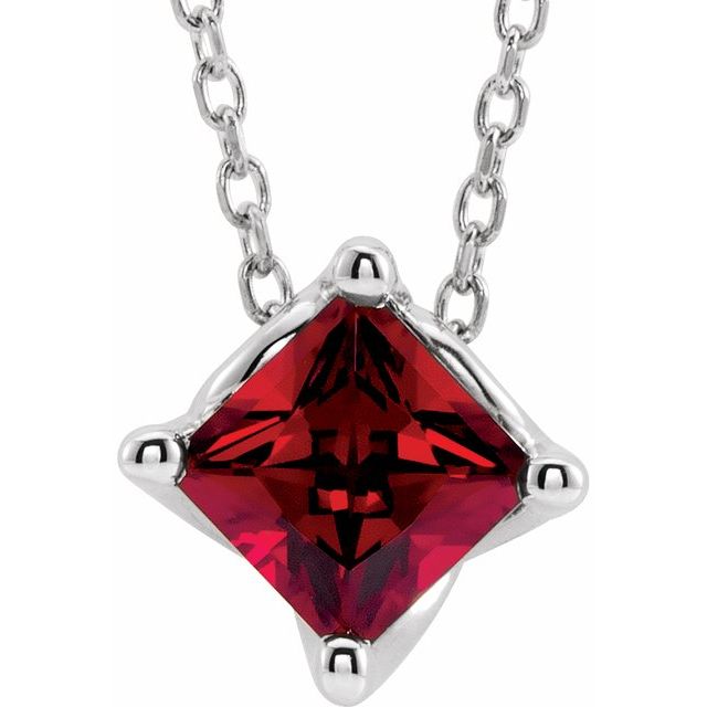 14K White 5x5 mm Square Lab-Grown Ruby Solitaire 16-18" Necklace
