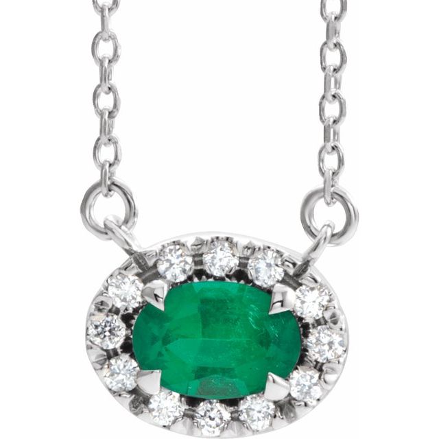 Sterling Silver 5x3 mm Lab-Grown Emerald & .05 CTW Natural Diamond 18" Necklace