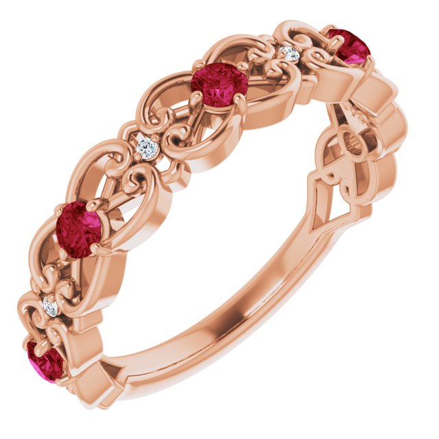 14K Rose Lab-Grown Ruby & .02 CTW Natural Diamond Scroll Ring