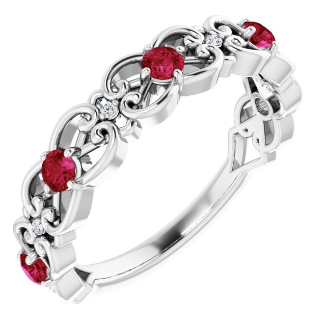 14K White Lab-Grown Ruby & .02 CTW Natural Diamond Scroll Ring