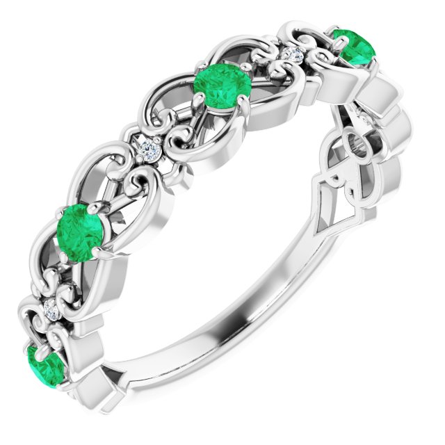 Sterling Silver Lab-Grown Emerald & .02 CTW Natural Diamond Scroll Ring