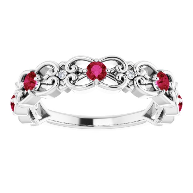 14K White Lab-Grown Ruby & .02 CTW Natural Diamond Scroll Ring