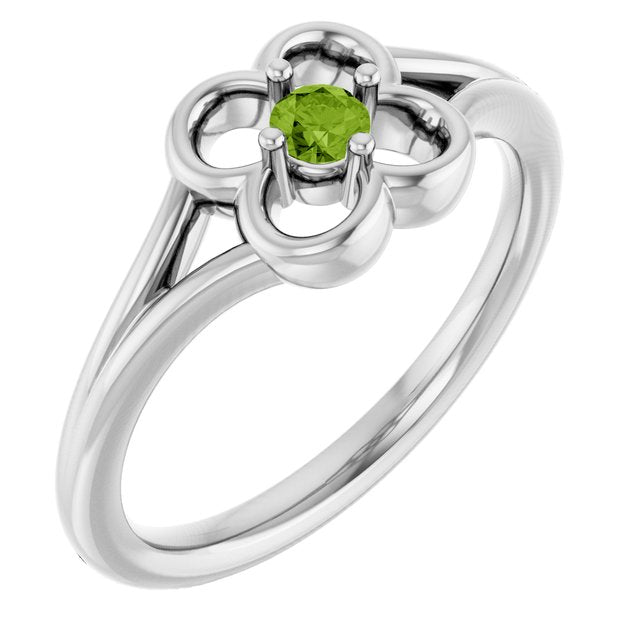 14K White Natural Peridot Youth Flower Ring