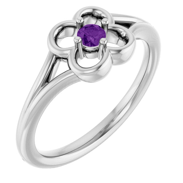 14K White Natural Amethyst Youth Flower Ring