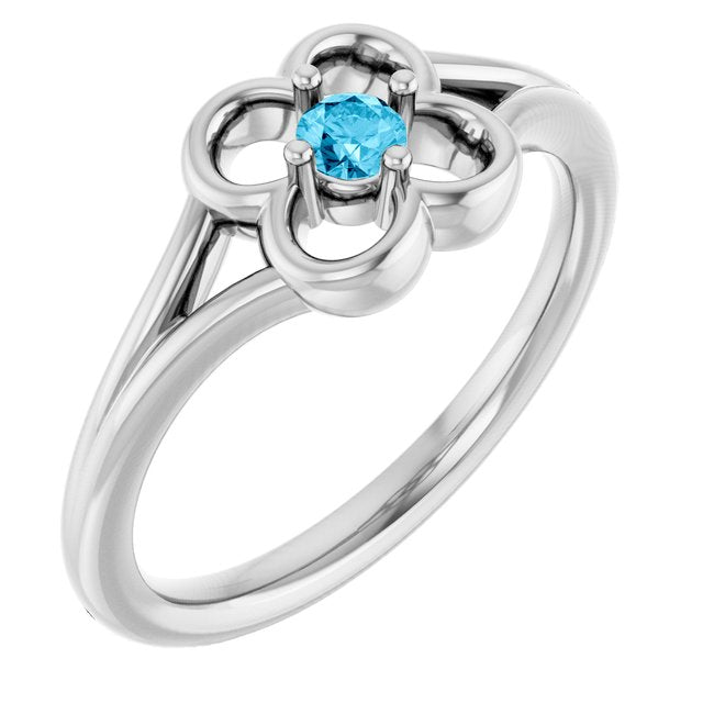 14K White Natural Aquamarine Youth Flower Ring