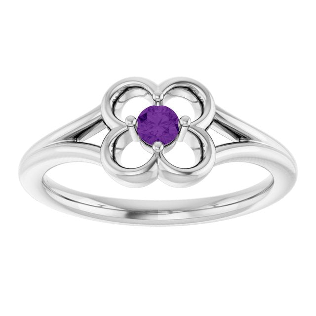 14K White Natural Amethyst Youth Flower Ring