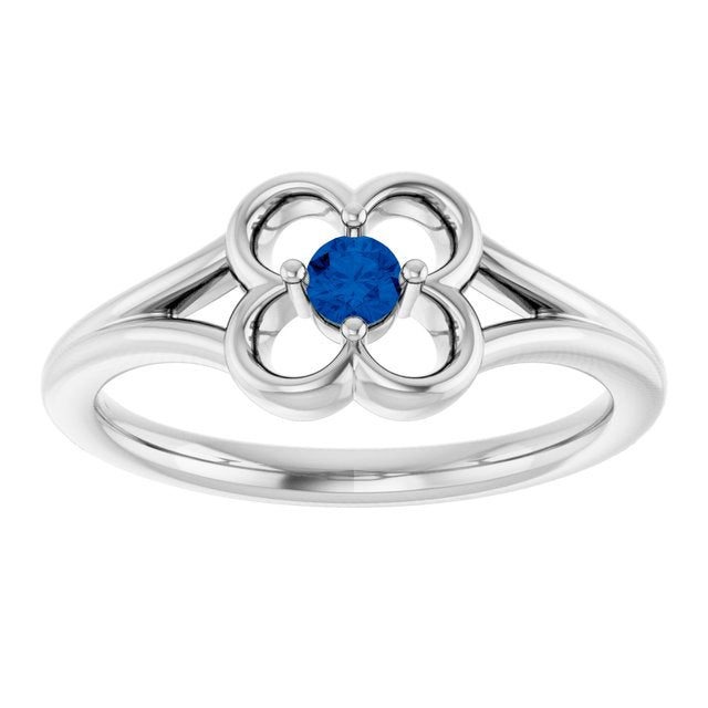 14K White Natural Blue Sapphire Youth Flower Ring