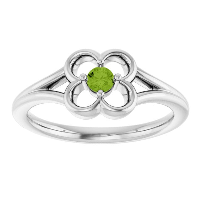 14K White Natural Peridot Youth Flower Ring