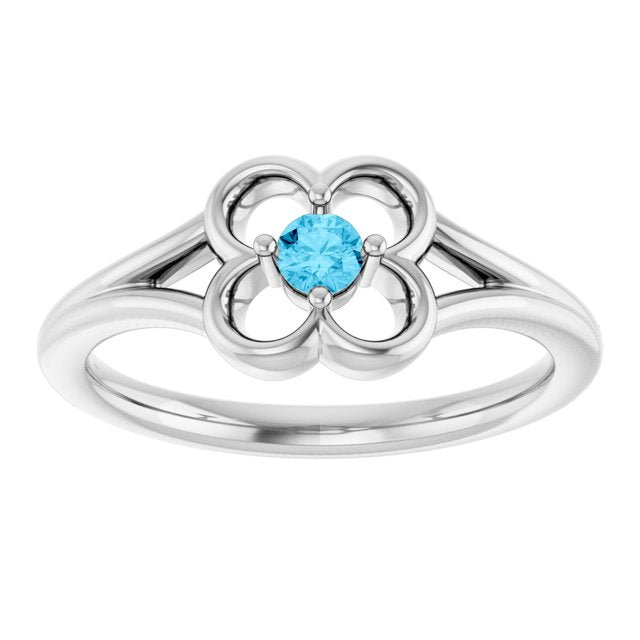 14K White Natural Aquamarine Youth Flower Ring