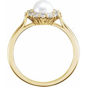 14K Yellow Cultured White Freshwater Pearl & 3/8 CTW Natural Diamond Ring