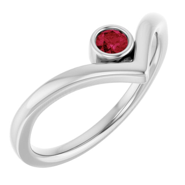 14K White Lab-Grown Ruby Bezel-Set V Ring