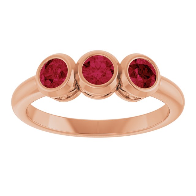 14K Rose Lab-Grown Ruby Three-Stone Bezel-Set Ring