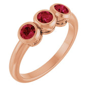 14K Rose Lab-Grown Ruby Three-Stone Bezel-Set Ring