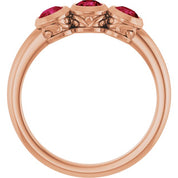 14K Rose Lab-Grown Ruby Three-Stone Bezel-Set Ring