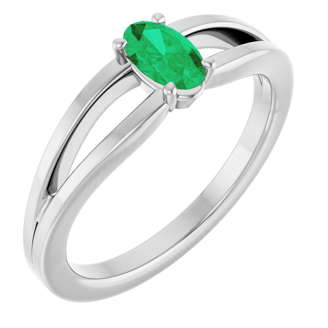 14K White Lab-Grown Emerald Youth Solitaire Ring