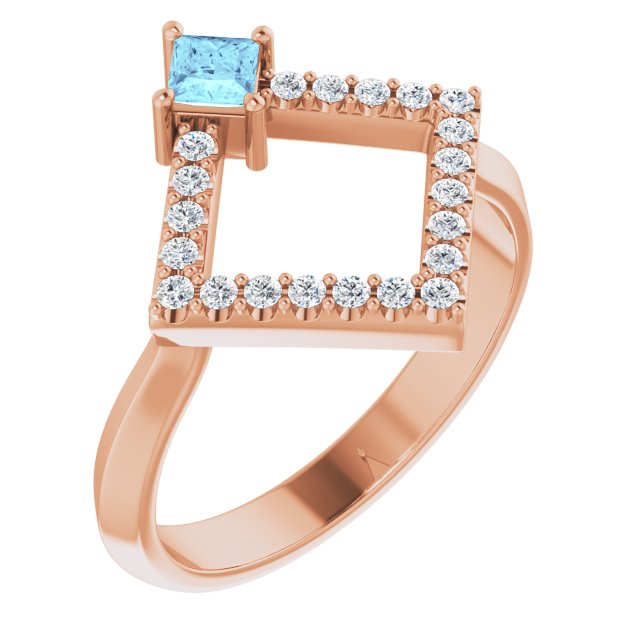 14K Rose Natural Aquamarine & 1/5 CTW Natural Diamond Geometric Ring
