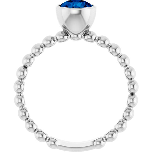 14K White Lab-Grown Blue Sapphire Family Beaded Stackable Ring