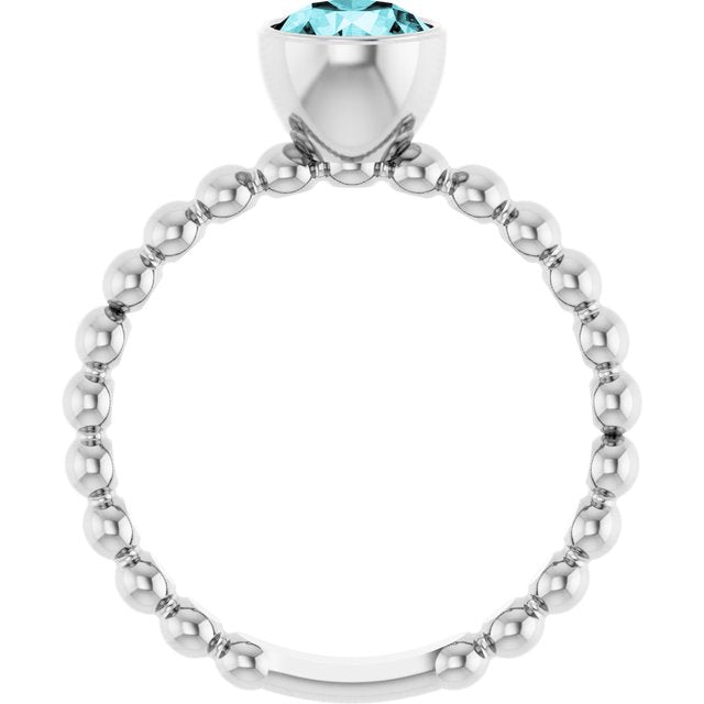 14K White Natural Blue Zircon Family Beaded Stackable Ring