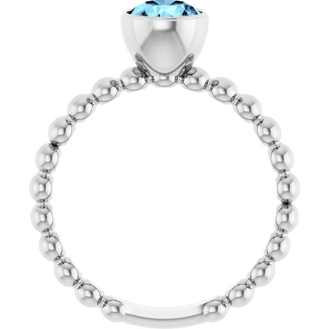 14K White Natural Aquamarine Family Beaded Stackable Ring