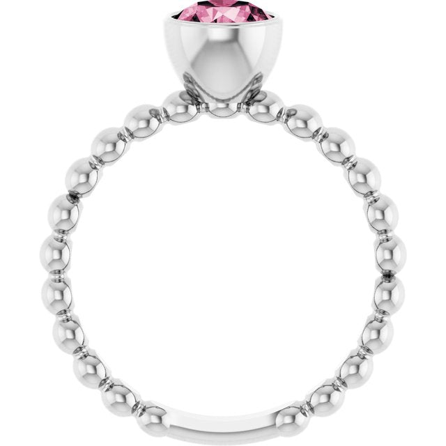 Sterling Silver Natural Pink Tourmaline Family Beaded Stackable Ring