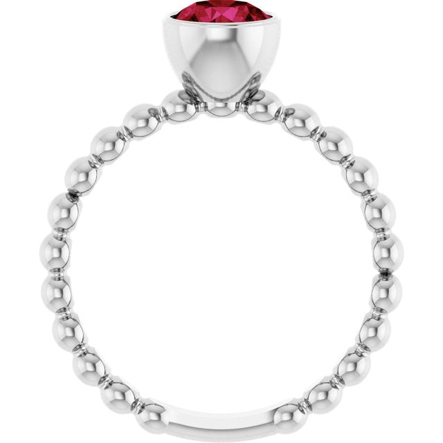 Sterling Silver Lab-Grown Ruby Family Beaded Stackable Ring