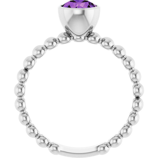 14K White Natural Amethyst Family Beaded Stackable Ring