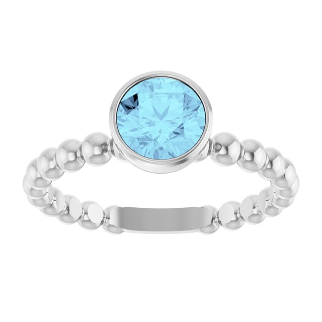 14K White Natural Aquamarine Family Beaded Stackable Ring