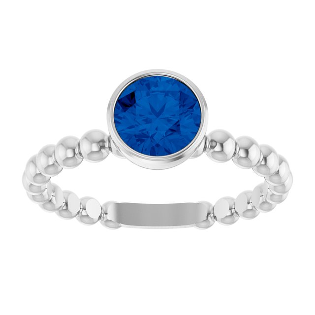 14K White Lab-Grown Blue Sapphire Family Beaded Stackable Ring