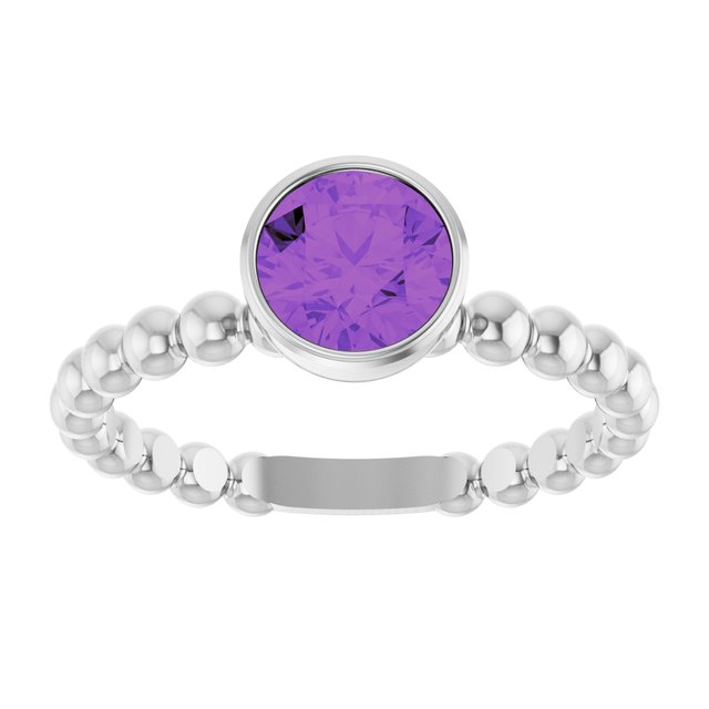 14K White Natural Amethyst Family Beaded Stackable Ring