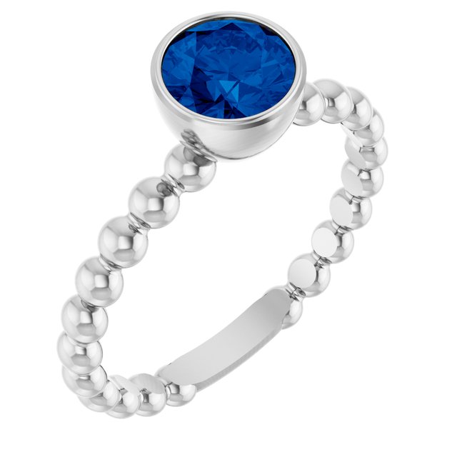 14K White Natural Blue Sapphire Family Beaded Stackable Ring