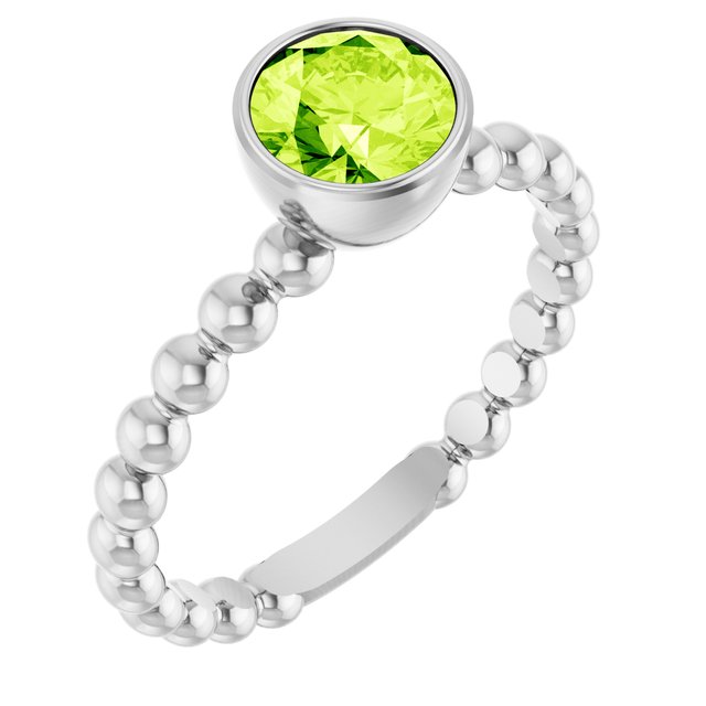 14K White Natural Peridot Family Beaded Stackable Ring