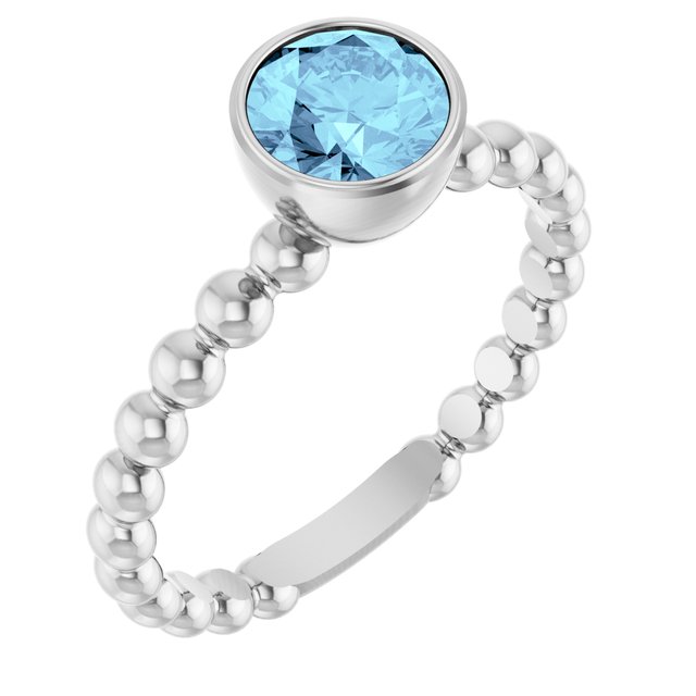 14K White Natural Aquamarine Family Beaded Stackable Ring