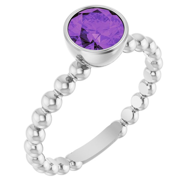 14K White Natural Amethyst Family Beaded Stackable Ring